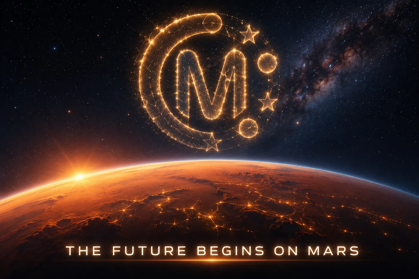 Marscoin logo above the planet Mars: The Future Begins on Mars